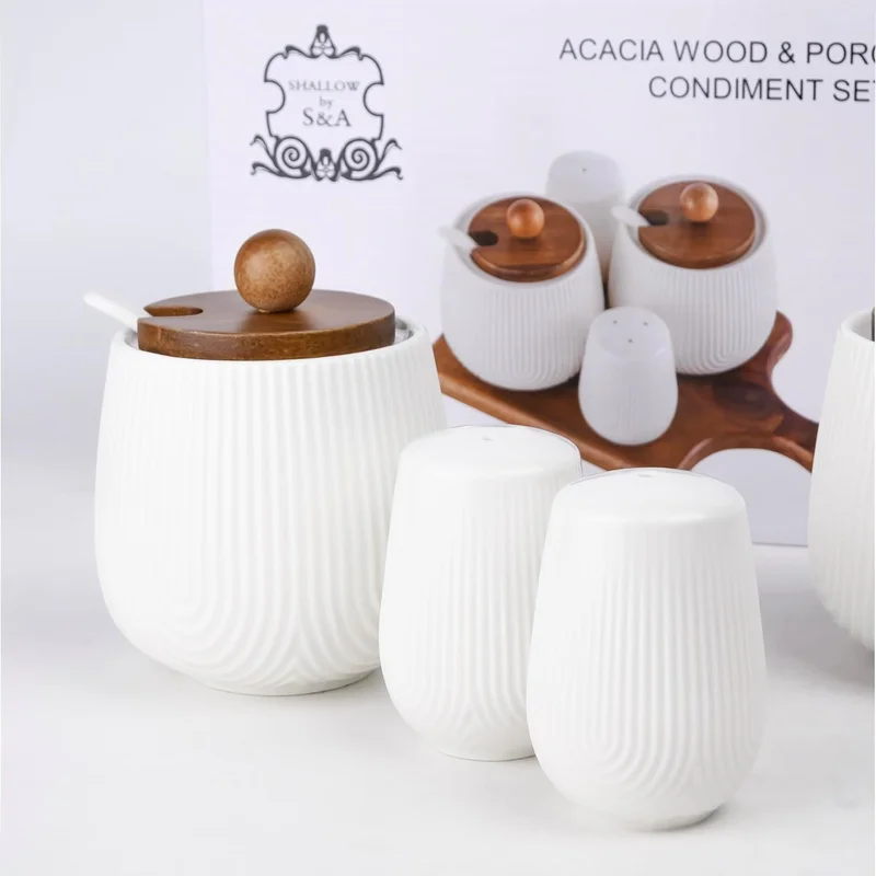 شالو طقم توابل بورسلين خشب الأكاسيا 4 قطع أبيض وبني